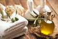 Olive oil soap and bath towel Royalty Free Stock Photo