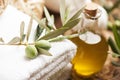 Olive oil soap and bath towel Royalty Free Stock Photo