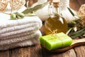 Olive oil soap and bath towel Royalty Free Stock Photo