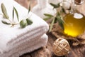 Olive oil soap and bath towel Royalty Free Stock Photo