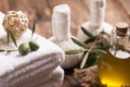 Olive oil soap and bath towel Royalty Free Stock Photo