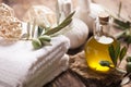 Olive oil soap and bath towel Royalty Free Stock Photo