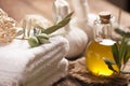 Olive oil soap and bath towel Royalty Free Stock Photo