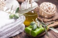 Olive oil soap and bath towel Royalty Free Stock Photo