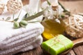 Olive oil soap and bath towel Royalty Free Stock Photo