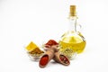 Olive oil, spices and herbs isolated on a white background Royalty Free Stock Photo
