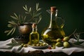 Olive oil and still life concept. Olives, branchlet, leaf, olive oil in a carafe and bottle on a table. Generative Ai