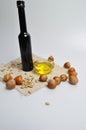 Olive oil, sunflower seeds, nuts and salt Royalty Free Stock Photo