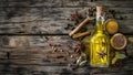 Olive oil and various spices on an old wooden table