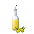 Olive oil or vinegar glass bottle dispenser and green olives