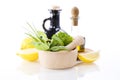 Olive oil, vinegar, Healing herbs and lemon Royalty Free Stock Photo