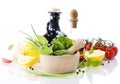 Olive oil, vinegar, Healing herbs and vegetables Royalty Free Stock Photo