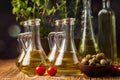 Olive oils in bottles with ingriedients Royalty Free Stock Photo
