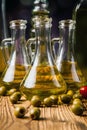 Olive oils in bottles with ingriedients Royalty Free Stock Photo