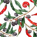 Olive oliva branch red hot chili chilli spicy pepper seamless pattern texture background