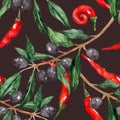 Olive oliva branch red hot chili chilli spicy pepper seamless pattern texture background Royalty Free Stock Photo