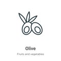 Olive outline vector icon. Thin line black olive icon, flat vector simple element illustration from editable fruits concept