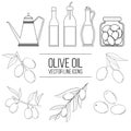 Olive oil, olives in a can, branch of olives and bottles with oil