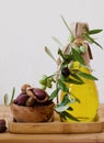 Olives on wooden background, kalamata, kalamon, green olives