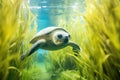 olive ridley turtle navigating through kelp forest Royalty Free Stock Photo