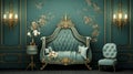 Olive Room With Ornate Gold Chair And Couch: Baroque Clip Art And Teal Background