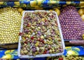 Olive salad, olives and lemons for sale in the Medina Souk in Meknes, Morocco.