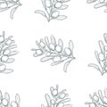 Olive sketch branch seamless background over white background with leaves and olives. Hand drawn vector illustration.