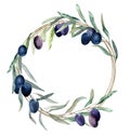 Olive summer wreath. Round frame olive branches, ripe fruits, green leaves. Natural garden composition harvesting. Hand drawn Royalty Free Stock Photo