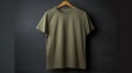 Olive t-shirt on a hanger photo realistic illustration - Generative AI.