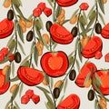 Olive and tomato seamless pattern design for food packs and kitchen , vector.