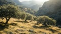 Olive Trees in Field with Mountain Backdrop Royalty Free Stock Photo