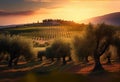 Olive trees plantations. Spain hills on sunset.