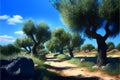 Olive trees on the road in the mountains, Spain. 3d render Royalty Free Stock Photo