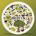 Olive vector oliveoil bottle with virgin oil and natural olivaceous ingredients for vegetarian food backdrop