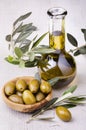 Giant green olives and bottled olive oil