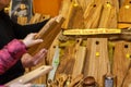 Olive wood cutting boards on the local market in tuscana