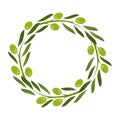 Olive wreath vector, green round frame, fruit and leaf border, circle plant crown, decorative garland