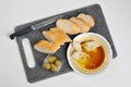 Olives, baguette and olive oil Royalty Free Stock Photo