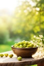 Olives in a bowl against the backdrop of the garden. Selective focus. Royalty Free Stock Photo