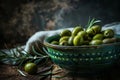 Olives in the bowl on wooden table. healthy food concept. AI generative Royalty Free Stock Photo