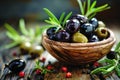 Olives in the bowl on wooden table. healthy food concept. AI generative Royalty Free Stock Photo