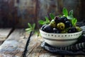 Olives in the bowl on wooden table. healthy food concept. AI generative Royalty Free Stock Photo