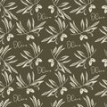 Olives branch with fruits and leaves Seamless pattern, imprint, stamp, sketch.