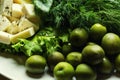 Olives, brynza and greens on a plate,Fresh salad with bryndza, o Royalty Free Stock Photo