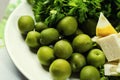 Olives, brynza and greens on a plate,Fresh salad with bryndza, o Royalty Free Stock Photo