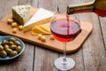 Olives, cheese and red wine Royalty Free Stock Photo