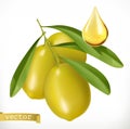 Olives and drop of oil. 3d vector icon