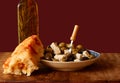 Olives, feta and foccacia bread Royalty Free Stock Photo