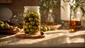 Olives fresh glass jar table the kitchen marinated pickled food ingredient green vegetable