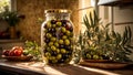 Olives a glass jar in the kitchen appetizer healthy food